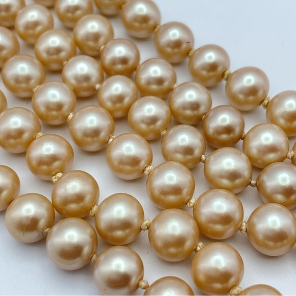 Vintage Double Strand 24” Long Champagne Pearl Necklace Floral Crystal Box Clasp - Picture 2 of 9